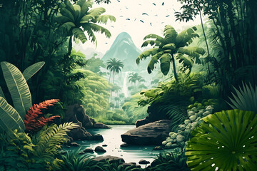 Asian tropical jungle rainforest in daytime. Neural network AI generated art