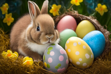 Cute Easter Bunny With Easter Eggs, Easter Holiday, Generative Ai