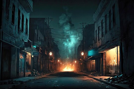 a nighttime shot of a deserted city street, with the glow of flames visible in the distance, created with generative ai