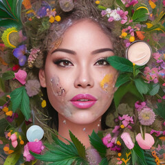 woman with colorful floral backdrop