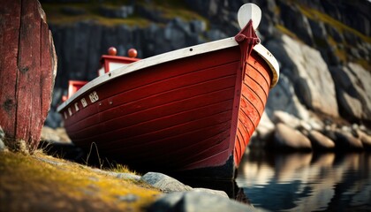 Old red boat on the shore of the fjord in Norway. Photorealistic drawing generated by AI. - obrazy, fototapety, plakaty