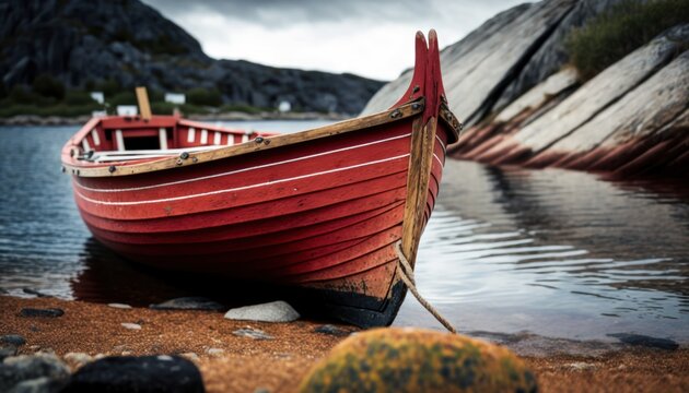 Old red boat on the shore of the fjord in Norway. Photorealistic drawing generated by AI.