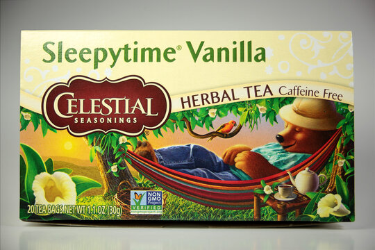 New York, NY - October 7, 2021: Celestial Seasonings Sleepytime Vanilla herbal tea box. Isolated, warm color temp.