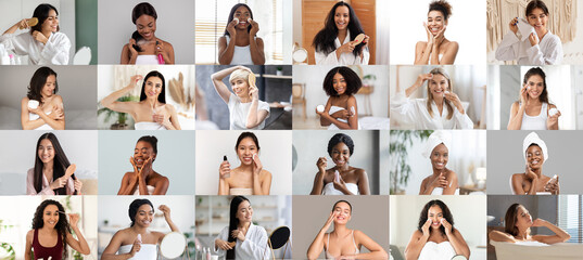 Cheerful young, mature multiracial women enjoy beauty care, anti aging routine, clean skin,...