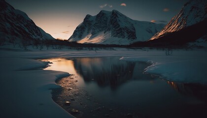 Fototapeta na wymiar Snowy mountain lake at dusk