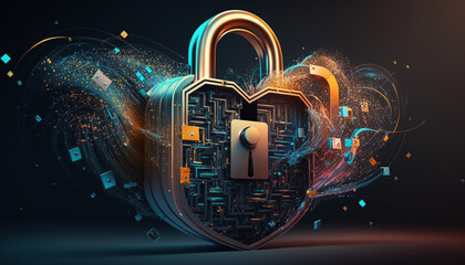 Padlock over graphics representing internet cyber security and data theft 