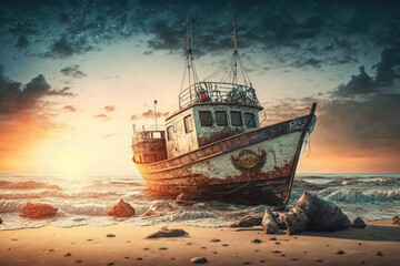 illustration of an old vintage fishing boat on the beach with a beautiful sunset. Generative AI