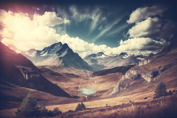 Beautiful panoramic mountain landscape at sunset. vintage color look. Generative AI