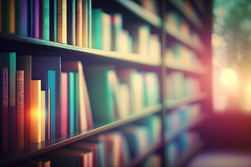 blurred bookshelf with books in a library. vintage color look. Generative AI