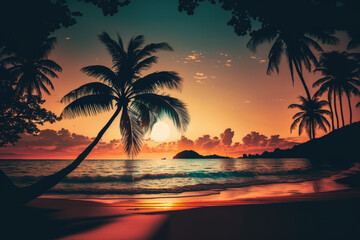 Fototapeta na wymiar silhouette of palm trees on a beautiful beach at sunrise. Generative AI