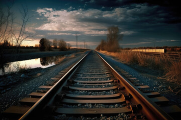 Fototapeta na wymiar old rails and a dramatic sky with an epic sunset. Generative AI