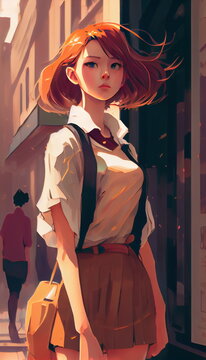 Woman Red Hair Walking Down Street Anime Artwork Lens Flare Business Clothes Short Haircut Moody Painting Beautiful Big Eyes Looks Bit Similar Face Looking Orange Pastel Colors Front Page Suspenders, 