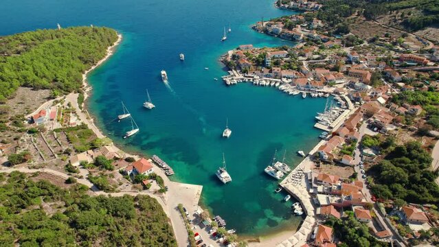 Aerial view of the picturesque Fiskardo village and port Kefalonia, Greece