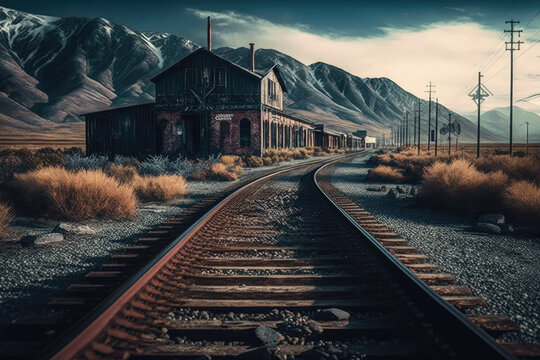 rails and in the background is an old train station. Generative AI