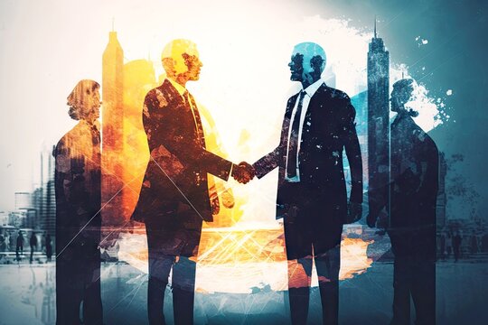 double exposure of hand-shaking business people, copy space background, created with generative ai