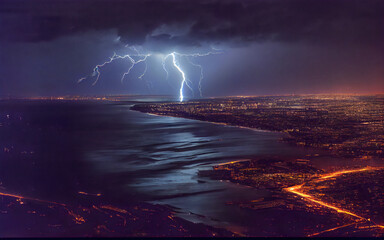 lightning over a city by the sea, cityscape