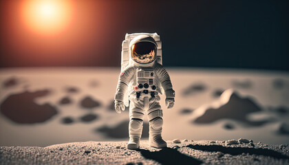 an astronaut action figure walking on the moon with the sun in the background generative AI