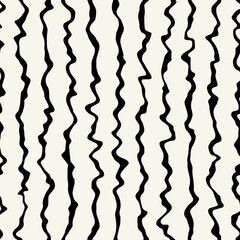 Vector seamless pattern. Abstract op art texture with bold monochrome wavy stripes. Creative background with distorted lines. Decorative black and white striped design.