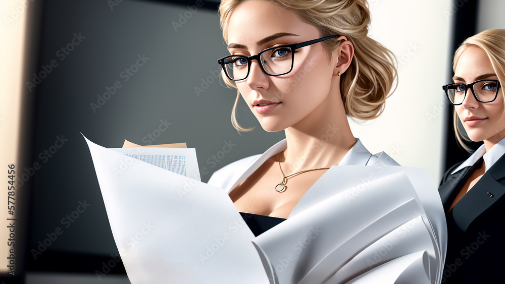 Poster office workres at work holding few sheets of paper in front of them. ai generated