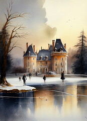painting people skating frozen lake masterpiece elegant old house stunning drawing still pond gentle snow watercolor art, generative ai - obrazy, fototapety, plakaty
