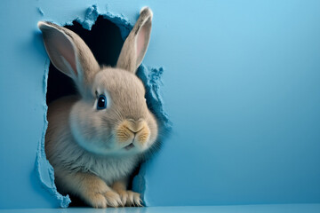 Bunny Peeking Out Of A Hole In Blue Wall, Fluffy Eared Bunny Easter Bunny, Rabbit Jump Out Torn Hole, Easter Holiday, Generative Ai