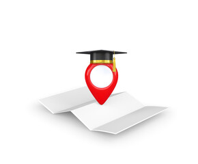 Pin on the map. Academic cap icon in set of locations. 3d illustration