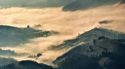 Mountain silhouettes in the fog. Graphic landscape on the theme of mountains