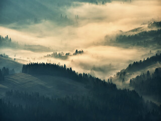 Fototapeta na wymiar Mountain silhouettes in the fog. Graphic landscape on the theme of mountains