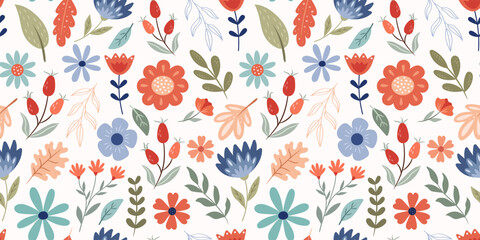Fototapeta na wymiar Floral pattern with leaves and plants