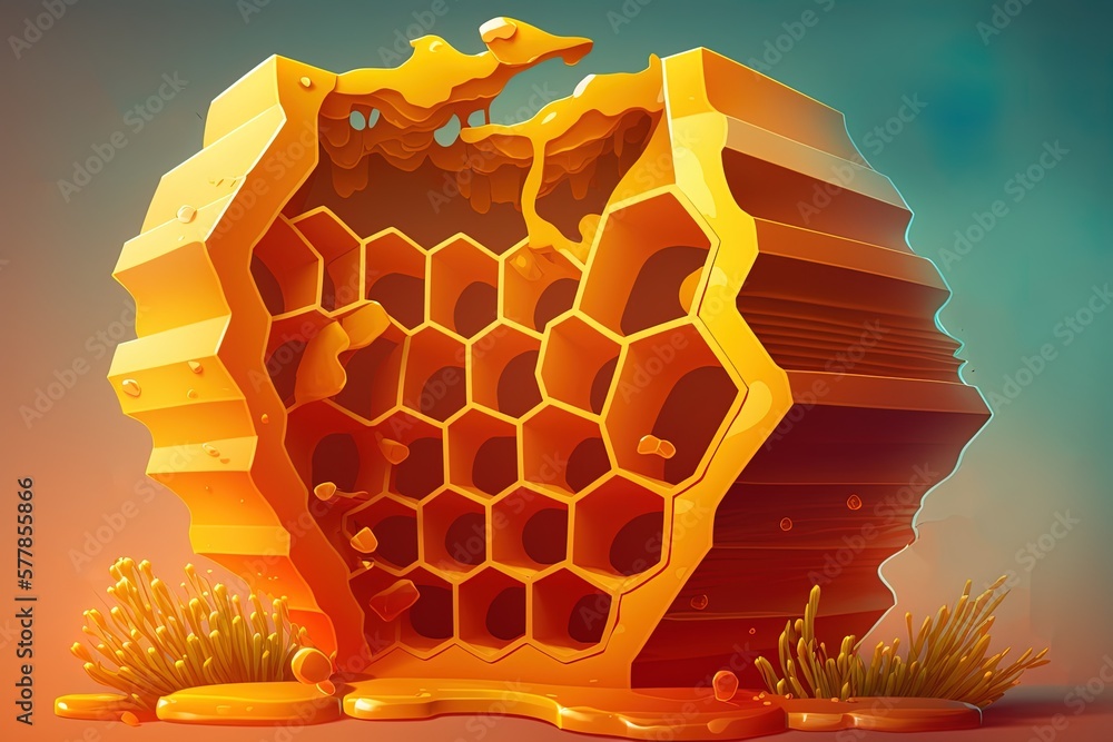 Poster macro photographs of honey in a beehive honeycomb generative ai