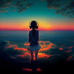 ai-generated illustration of an anime girl in anime outfit looking at the sunset while floating in the clouds and headphones on