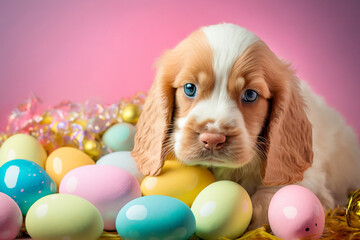 Easter Puppy With Painted Easter Eggs, Pink Backgound, Easter Holiday, Generative Ai