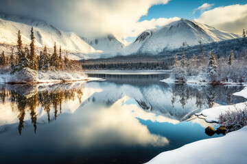 Winter Wonderland in Alaska with Snow on the Mountains and a mirroring Lake, generative AI