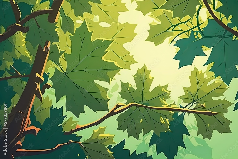 Poster a green summer maple tree with new growth in its limbs and leaves. generative ai