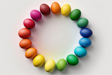 Colorful Dyed Easter Eggs Arranged In Rainbow Circle On White Background, Easter Holiday, Generative Ai