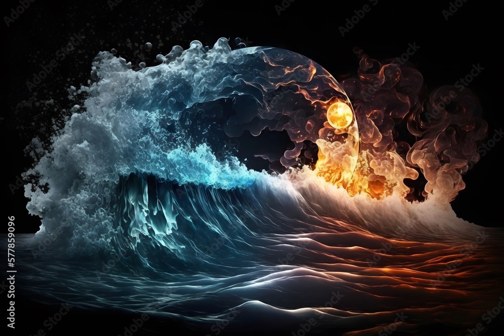 Wall mural water fire in ocean created using ai generative technology