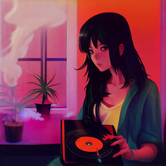 ai-generated illustration vector of an anime style of a girl, meditating, playing a vinyl record, with a sage incense burning in the background, neon colour pallette 