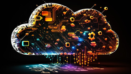 Glowing Cloud icon technology concept, exploded panel with cloud services and data protection, artificial intelligence information processing 