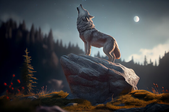 LOBO AULLANDO SOBRE UNA PIEDRA EN MEDIO DEL BOSQUE. ILUSTRACION. COLOR. IA GENERATIVA. HORIZONTAL.