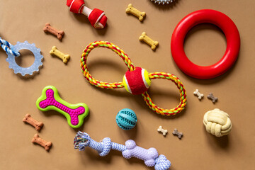 Frame with dogs rubber and textile toys, snacks, bones on orange background. Close up. Accessories for dogs	