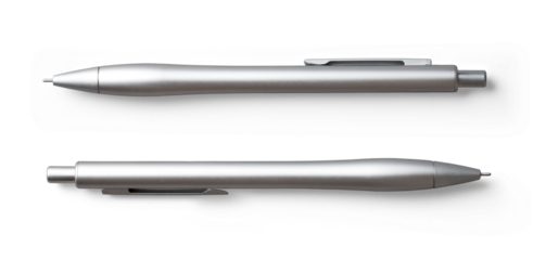 minimalist matte silver ballpoint pen in two positions  isolated over transparency, flat lay / top view business or office desk design element