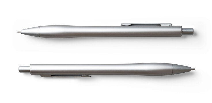 minimalist matte silver ballpoint pen in two positions  isolated over transparency, flat lay / top view business or office desk design element