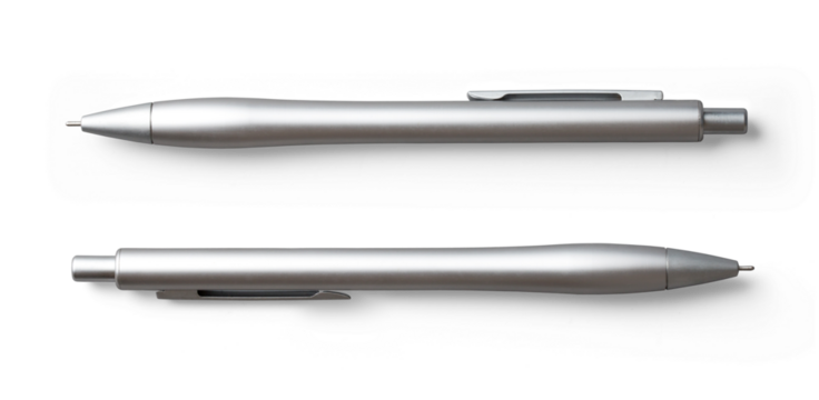 minimalist matte silver ballpoint pen in two positions  isolated over transparency, flat lay / top view business or office desk design element