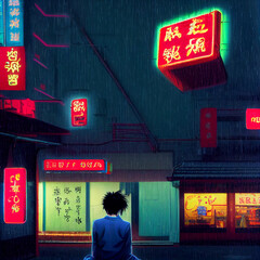 ai-generated illustration vector a guy outside a chinese, japanese restaurant while its raining cartoon 