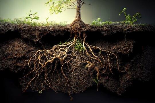 Roots of plant growing underground. Generative AI. Digital Art Illustration