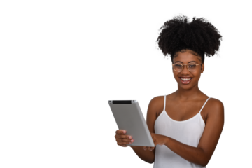  woman holding a tablet computer, wearing glasses looks at camera