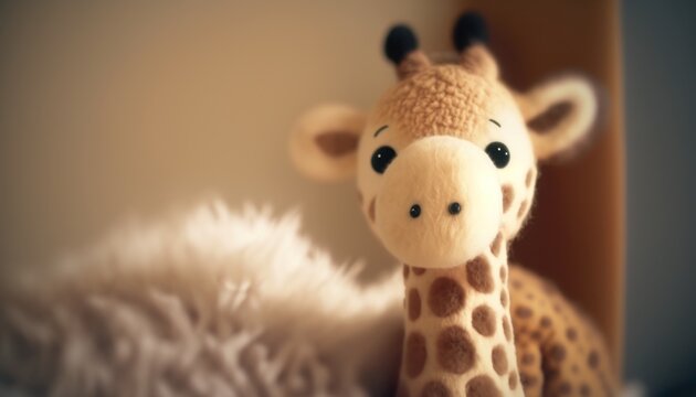 Cute plush  toy giraff sits, soft warm lighting, background blur