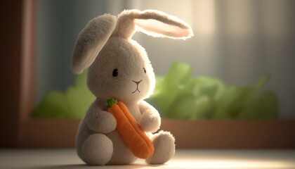 Fototapeta na wymiar Cute plush rabbit with carrot, sits, soft warm lighting, background blur
