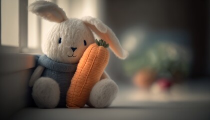 Cute plush rabbit with carrot, sits, soft warm lighting, background blur