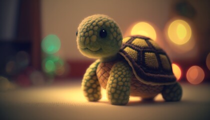 Cute plush toy turtle, sits, soft warm lighting, background blur